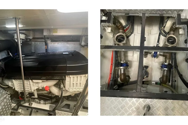  Yacht Photos Pics Engine room of 2022 Sirena 58 yacht, showcasing machinery and piping systems.