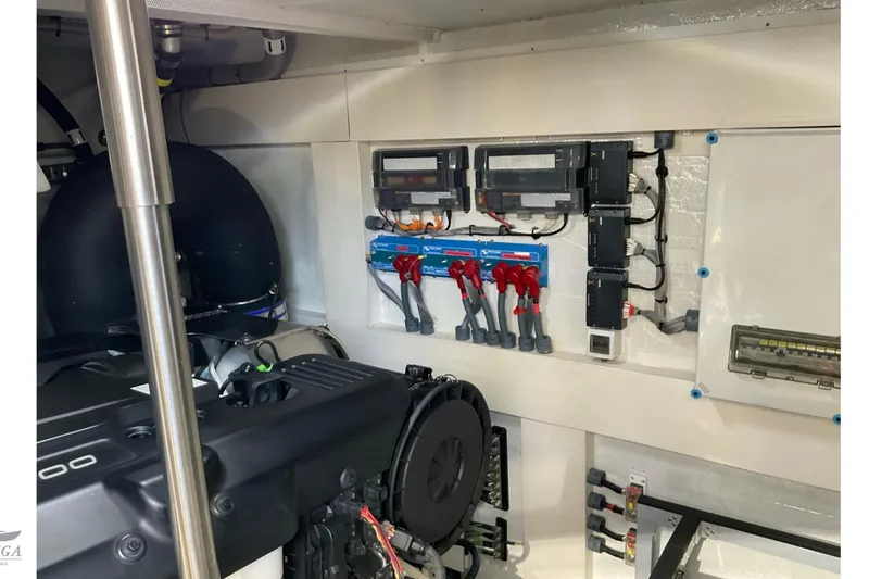  Yacht Photos Pics Engine room of 2022 Sirena 58 yacht, showcasing electrical systems and components.
