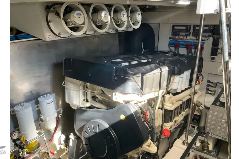  Yacht Photos Pics Engine room of 2022 Sirena 58 yacht, featuring advanced machinery and ventilation systems.