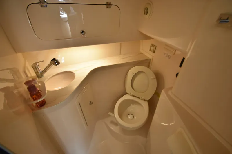 Policy Maker Yacht Photos Pics 2016 Grady-White Express 330 boat bathroom with sink, toilet, and storage.