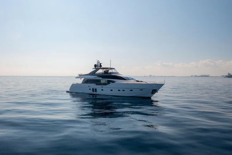 Sanlorenzo Sl86 Yacht Photos Pics 2022 Sanlorenzo SL86 yacht cruising on calm ocean waters under a clear sky.