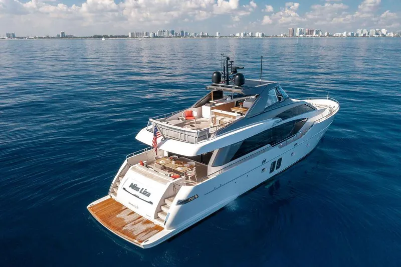 Sanlorenzo Sl86 Yacht Photos Pics Sanlorenzo SL86 2022 yacht cruising on calm ocean waters with city skyline in background.