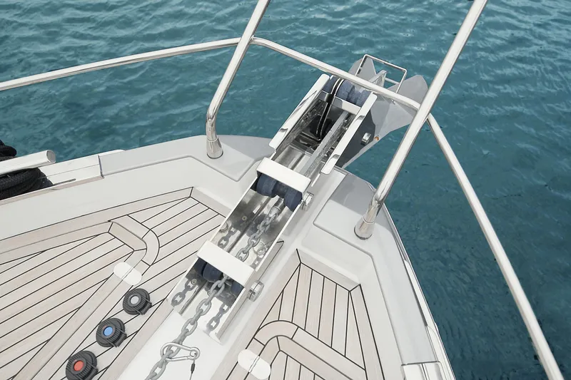  Yacht Photos Pics 2023 Azimut Fly 68 yacht bow with anchor chain and teak deck.