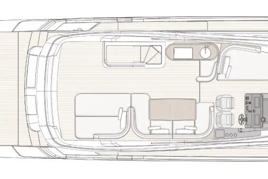 Yacht Photos Pics Top view layout of 2023 Azimut Fly 68 yacht, showcasing seating and helm area.