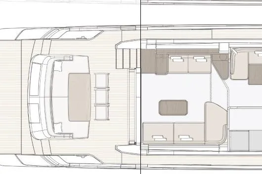  Yacht Photos Pics 2023 Azimut Fly 68 yacht floor plan, showcasing spacious interior layout and seating arrangement.