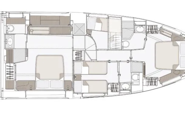  Yacht Photos Pics Floor plan of 2023 Azimut Fly 68 yacht, showcasing cabin and bathroom layout.