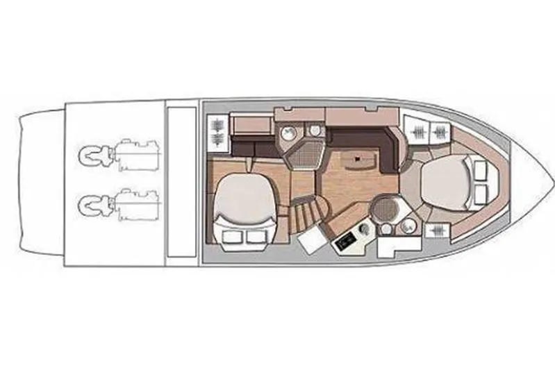  Yacht Photos Pics Floor plan of 2008 Cranchi Mediterranee 43 yacht, showing interior layout and engine placement.