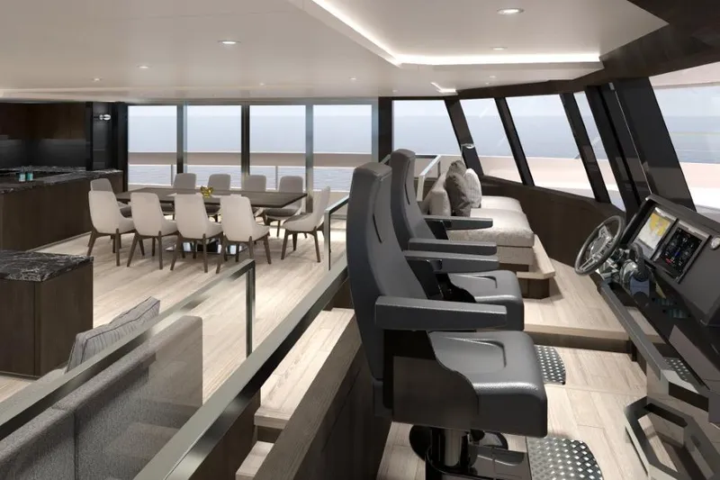  Yacht Photos Pics Luxurious interior of 2027 Silver Yachts SC24M, featuring modern helm and elegant dining area.