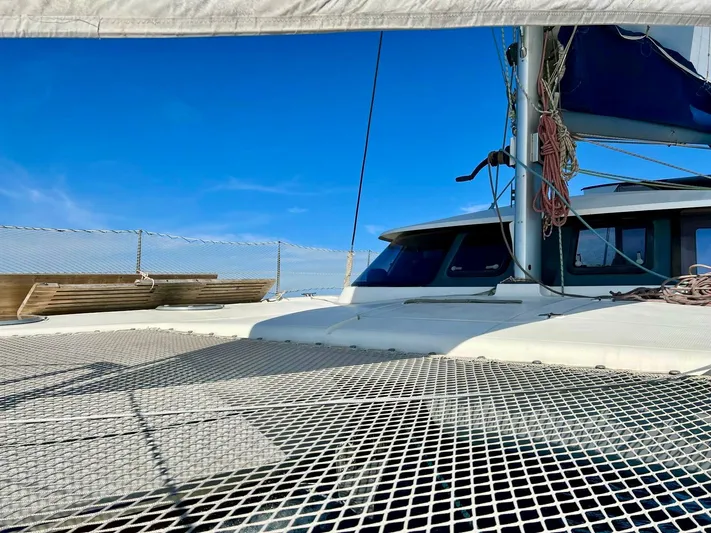  Yacht Photos Pics 2005 Fountaine Pajot LAVEZZI 40 catamaran deck with blue sky background.