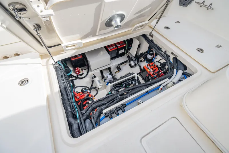 Trade In-- Bring All Offers & Trades Yacht Photos Pics 2024 Boston Whaler 320 Vantage engine compartment, showcasing wiring and components.