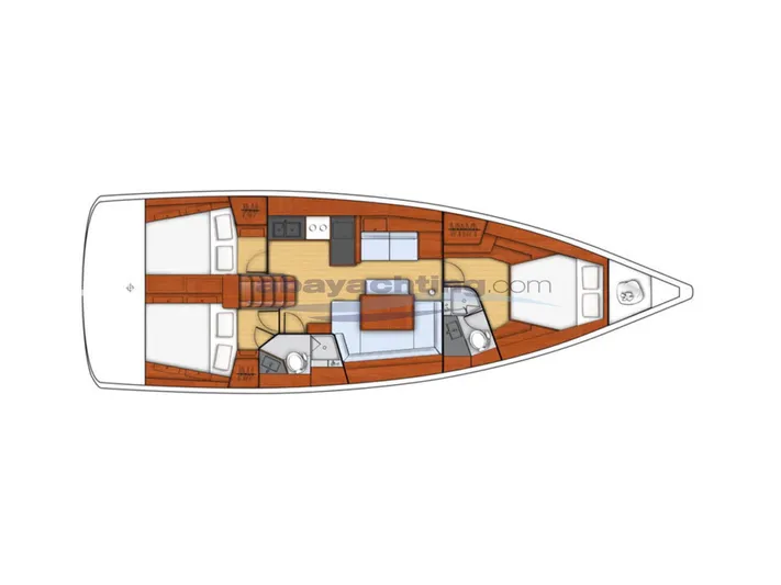  Yacht Photos Pics Floor plan of a 2016 Beneteau Oceanis 45 sailboat, showing cabin layout.