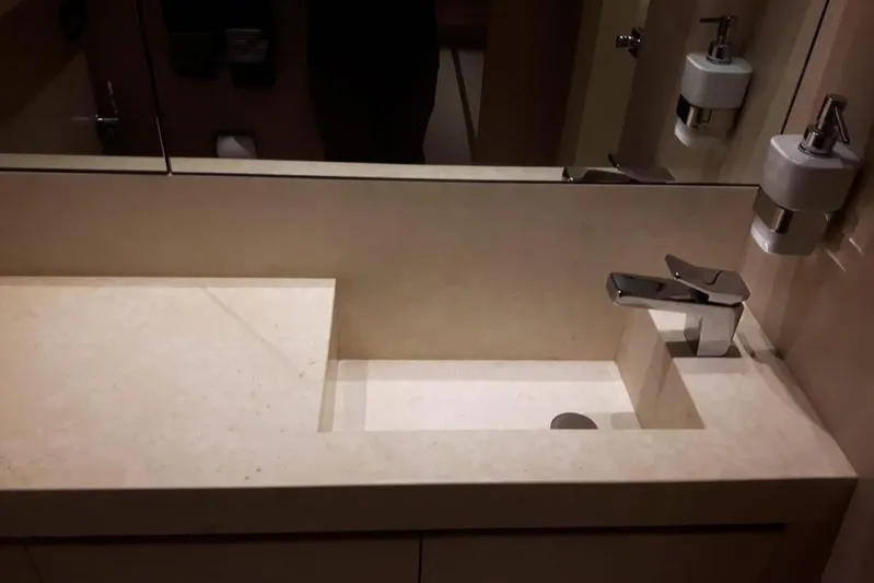  Yacht Photos Pics Modern bathroom sink with sleek faucet on Sanlorenzo 72 yacht, 2011 model.