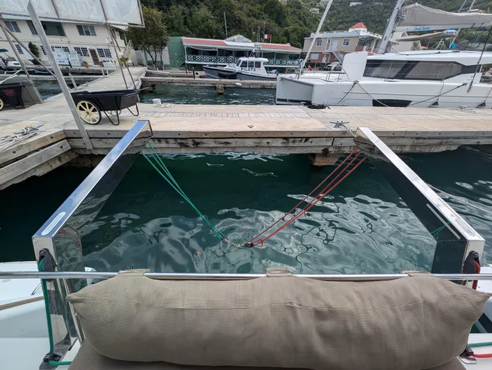 Anila Yacht Photos Pics Docked Fountaine Pajot Helia 44 Evolution catamaran, 2018 model, with visible mooring lines.