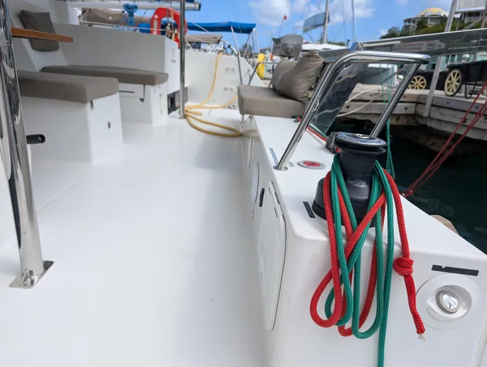 Anila Yacht Photos Pics 2018 Fountaine Pajot Helia 44 Evolution yacht deck with seating and colorful ropes.