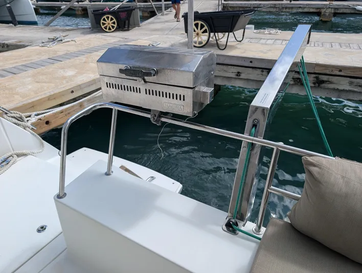 Anila Yacht Photos Pics Outdoor grill on 2018 Fountaine Pajot Helia 44 Evolution yacht at marina.