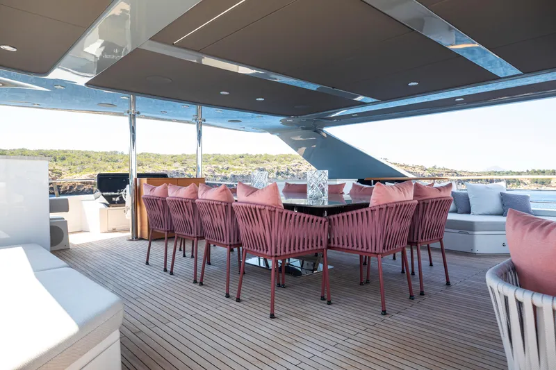 Oscar Yacht Photos Pics Luxurious 2023 Numarine 37XP yacht deck with elegant dining area and scenic views.