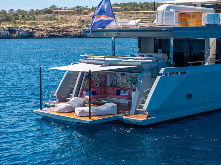 Oscar Yacht Photos Pics Luxury Numarine 37XP yacht, 2023 model, with elegant deck and scenic ocean backdrop.