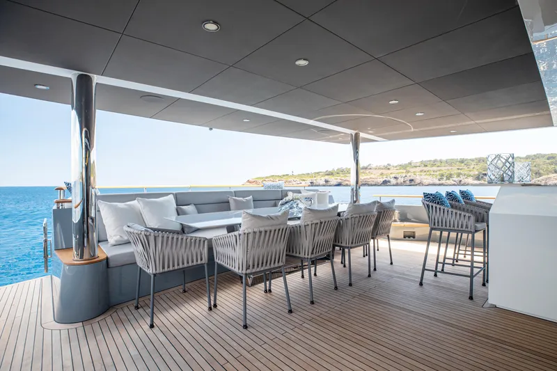 Oscar Yacht Photos Pics Luxury deck of 2023 Numarine 37XP yacht with elegant seating and ocean view.