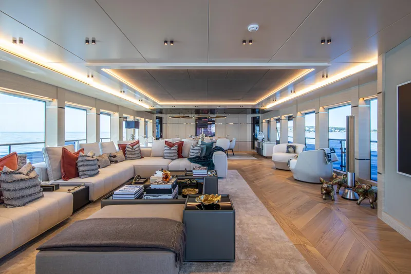Oscar Yacht Photos Pics Luxurious interior of 2023 Numarine 37XP yacht with modern decor and panoramic windows.
