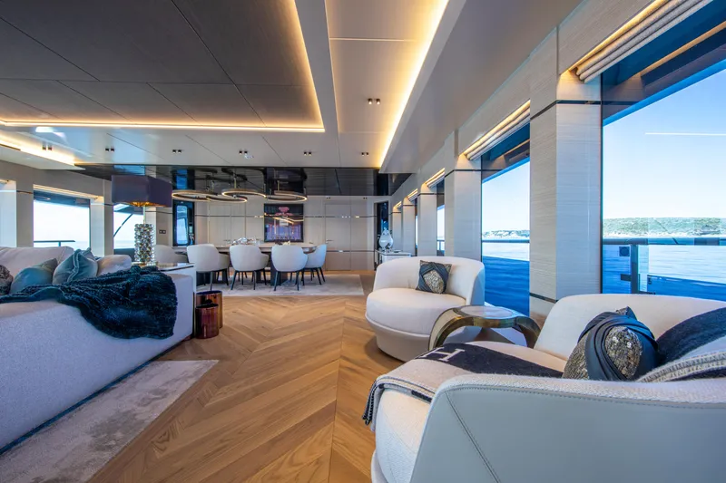 Oscar Yacht Photos Pics Luxurious interior of 2023 Numarine 37XP yacht with elegant seating and panoramic ocean views.