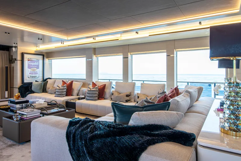 Oscar Yacht Photos Pics Luxurious interior of 2023 Numarine 37XP yacht with plush seating and ocean view.