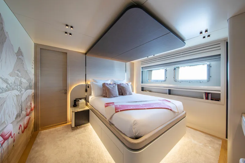 Oscar Yacht Photos Pics Luxurious bedroom interior of 2023 Numarine 37XP yacht with modern design and elegant decor.