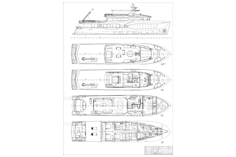 Oscar Yacht Photos Pics Blueprint of 2023 Numarine 37XP yacht, showcasing detailed deck layouts and side profile.