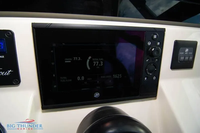  Yacht Photos Pics Dashboard of 2022 Scout 350 LXZ boat with digital display and controls.