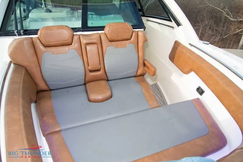  Yacht Photos Pics 2022 Scout 350 LXZ boat interior with brown and gray seating.