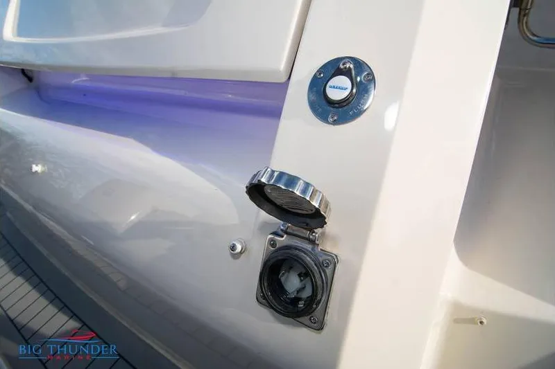  Yacht Photos Pics 2022 Scout 350 LXZ boat fuel cap and port detail.