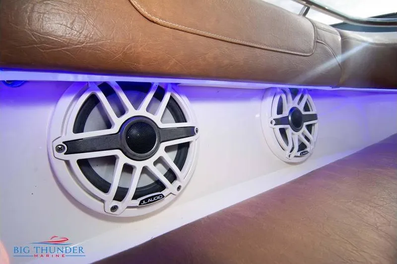  Yacht Photos Pics Speakers on 2022 Scout 350 LXZ boat with blue LED lighting.