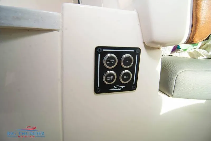  Yacht Photos Pics Control panel on 2022 Scout 350 LXZ boat, featuring cooler box buttons.