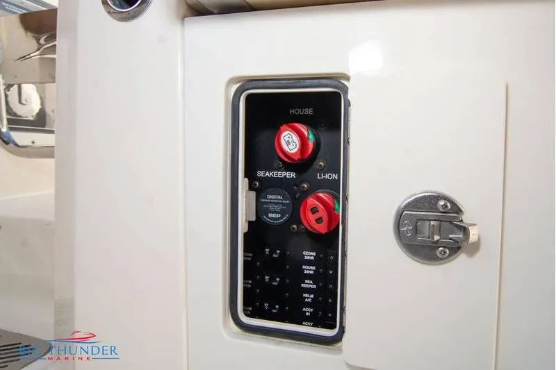  Yacht Photos Pics Control panel on 2022 Scout 350 LXZ boat, featuring Seakeeper and Li-Ion switches.