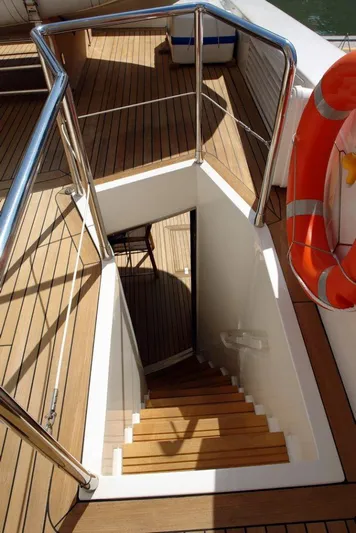  Yacht Photos Pics Staircase on 2006 Sanlorenzo SL88 yacht with teak decking and stainless steel railings.