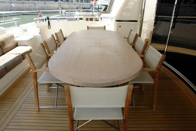  Yacht Photos Pics Outdoor dining area on 2006 Sanlorenzo SL88 yacht with wooden table and chairs.