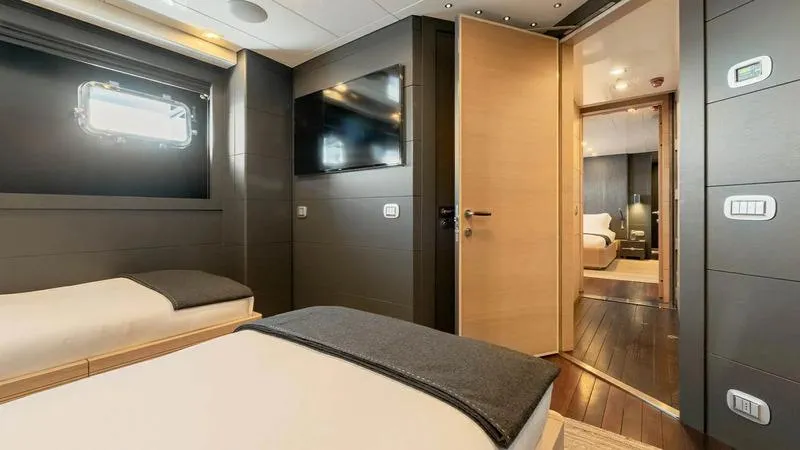  Yacht Photos Pics Luxurious cabin interior of 2008 Ortona Navi ZIA yacht with modern design and twin beds.
