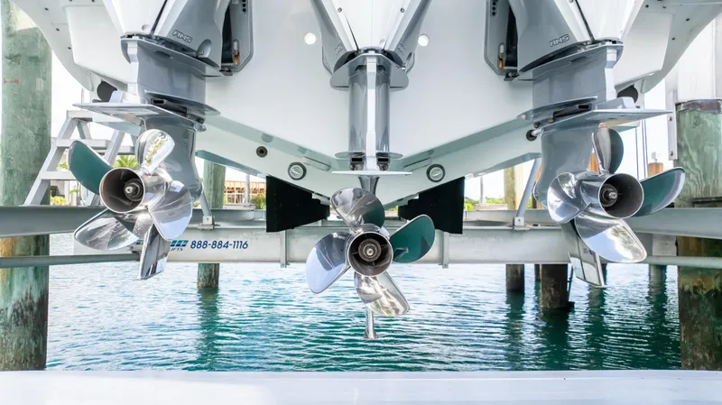  Yacht Photos Pics 2019 Intrepid 400 Center Console boat propellers above water.