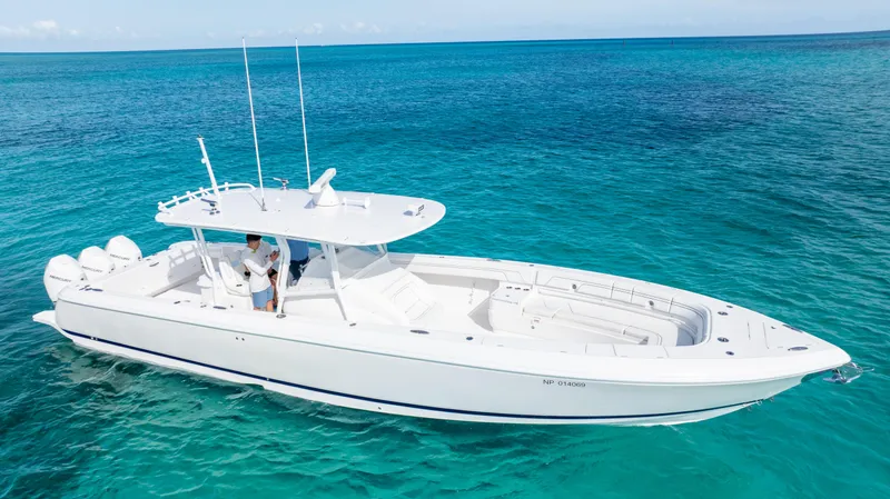  Yacht Photos Pics 2019 Intrepid 400 Center Console boat on clear blue water.