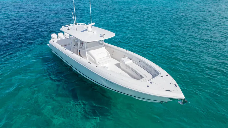  Yacht Photos Pics 2019 Intrepid 400 Center Console boat on clear blue water.
