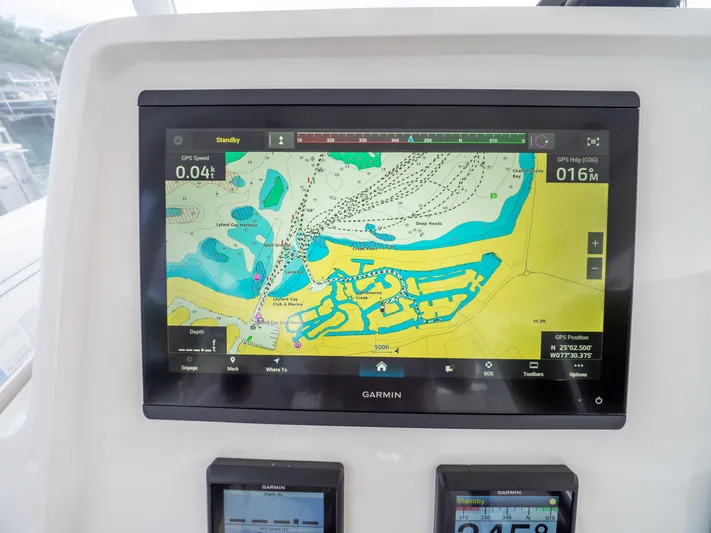  Yacht Photos Pics Garmin navigation display on 2019 Intrepid 400 Center Console boat dashboard.