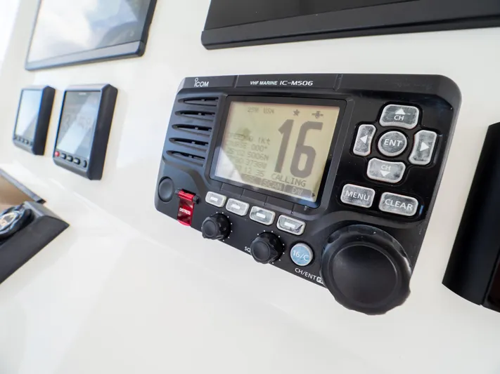  Yacht Photos Pics VHF marine radio on 2019 Intrepid 400 Center Console dashboard.