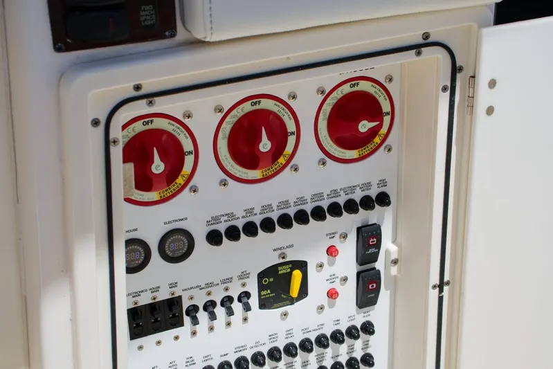 W7 Yacht Photos Pics Electrical control panel on a 2022 Pursuit S 428 Sport boat.
