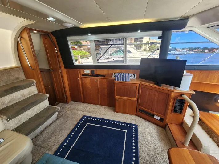  Yacht Photos Pics Interior of 2000 Silverton 442 Cockpit Motor Yacht with cozy seating and large windows.