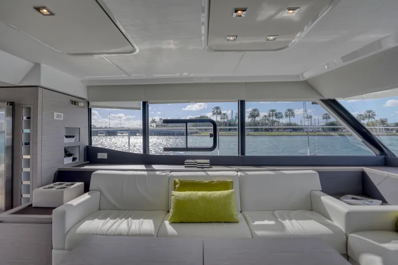 Hawkeye Yacht Photos Pics Luxurious interior of 2022 Fountaine Pajot MY6 yacht with waterfront view.