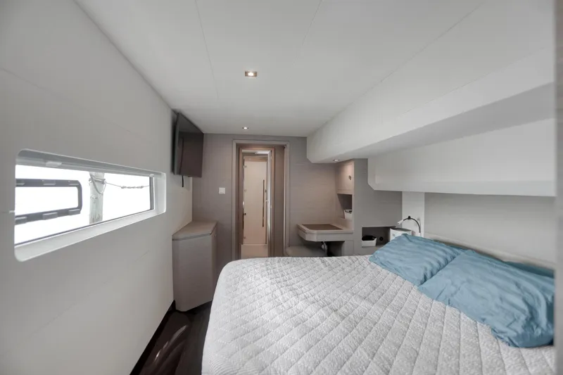 Hawkeye Yacht Photos Pics Luxurious cabin interior of 2022 Fountaine Pajot MY6 yacht with modern design.