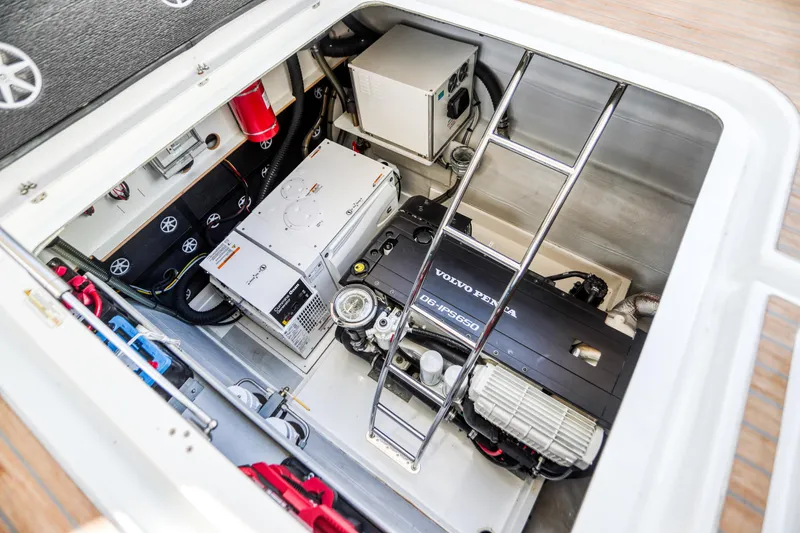 Hawkeye Yacht Photos Pics Engine compartment of 2022 Fountaine Pajot MY6 with Volvo Penta engine and equipment.