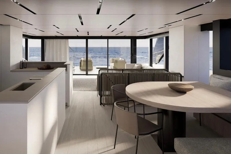 Bgm75/05 Yacht Photos Pics Luxurious interior of 2025 Bluegame BGM75 yacht with ocean view and modern furnishings.