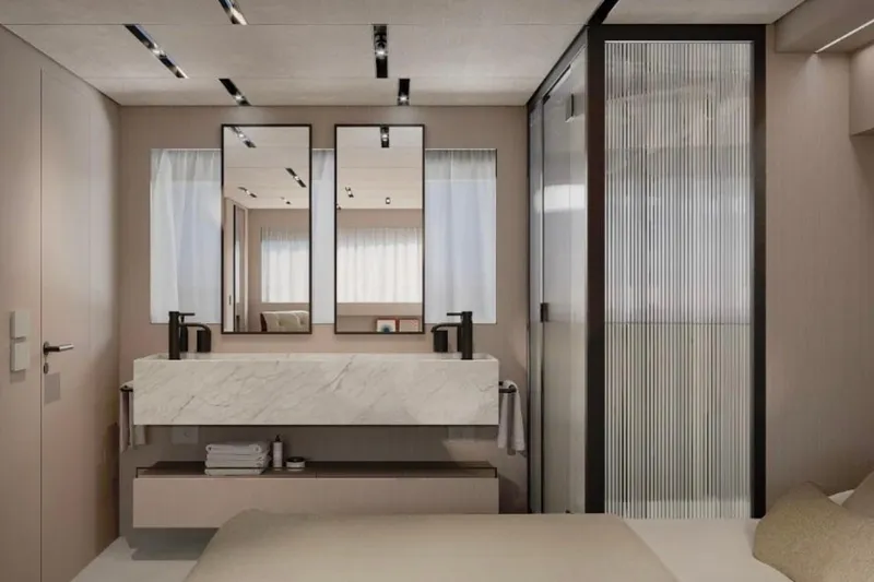 Bgm75/05 Yacht Photos Pics Modern bathroom interior on Bluegame BGM75 yacht, featuring sleek design and marble sink, 2025 model.