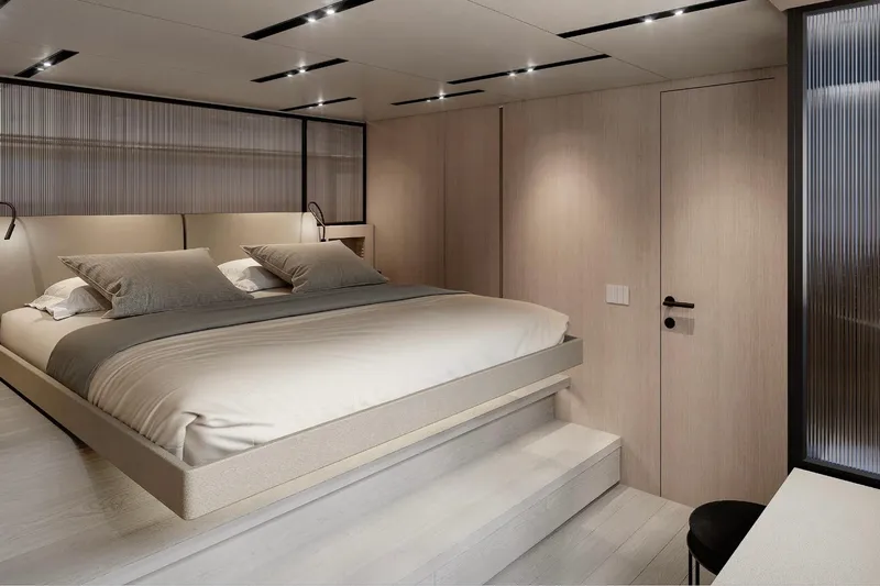 Bgm75/05 Yacht Photos Pics Luxurious bedroom interior of 2025 Bluegame BGM75 yacht, featuring modern design and ambient lighting.