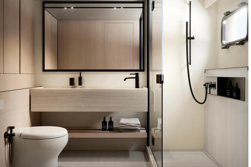 Bgm75/05 Yacht Photos Pics Modern bathroom interior on Bluegame BGM75 yacht, featuring sleek fixtures and minimalist design, 2025 model.